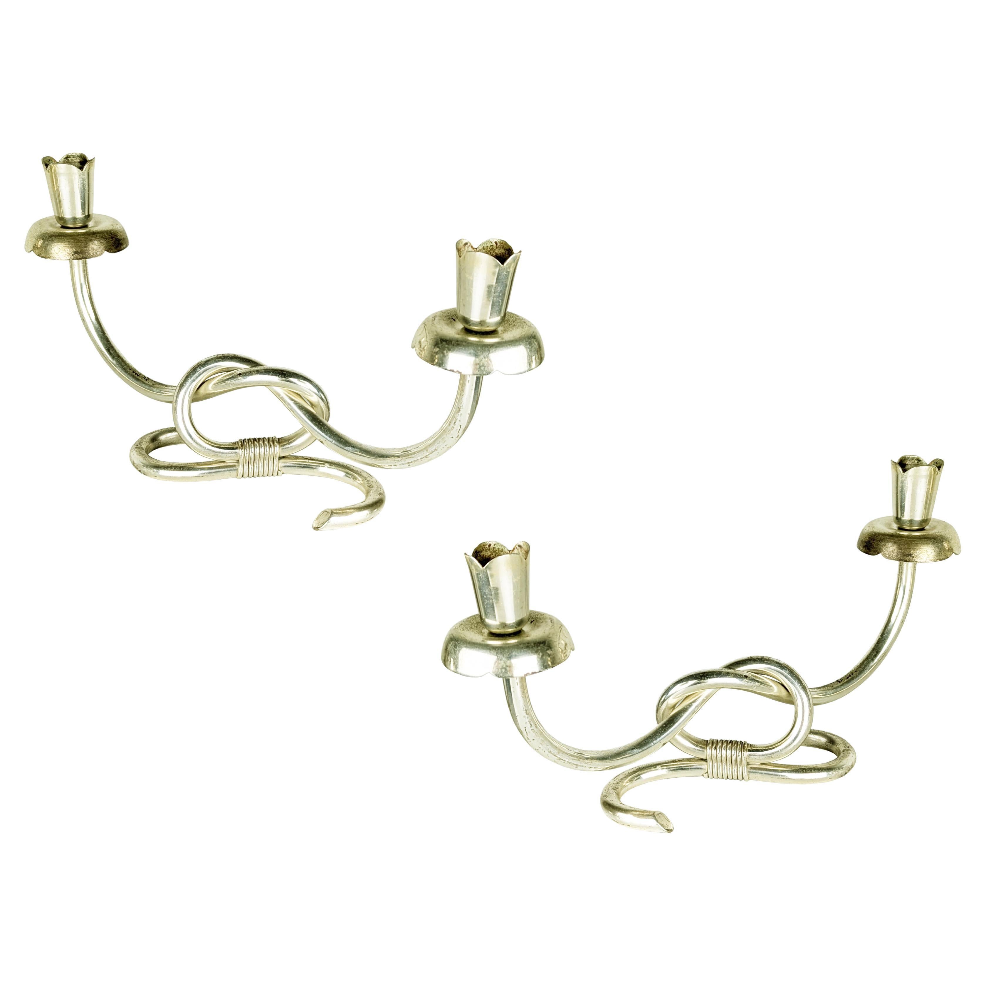 Italian pair of silver plated/anodized aluminum 2-candle candlesticks For Sale