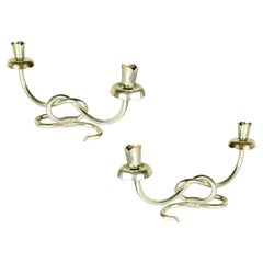 Italian pair of silver plated/anodized aluminum 2-candle candlesticks