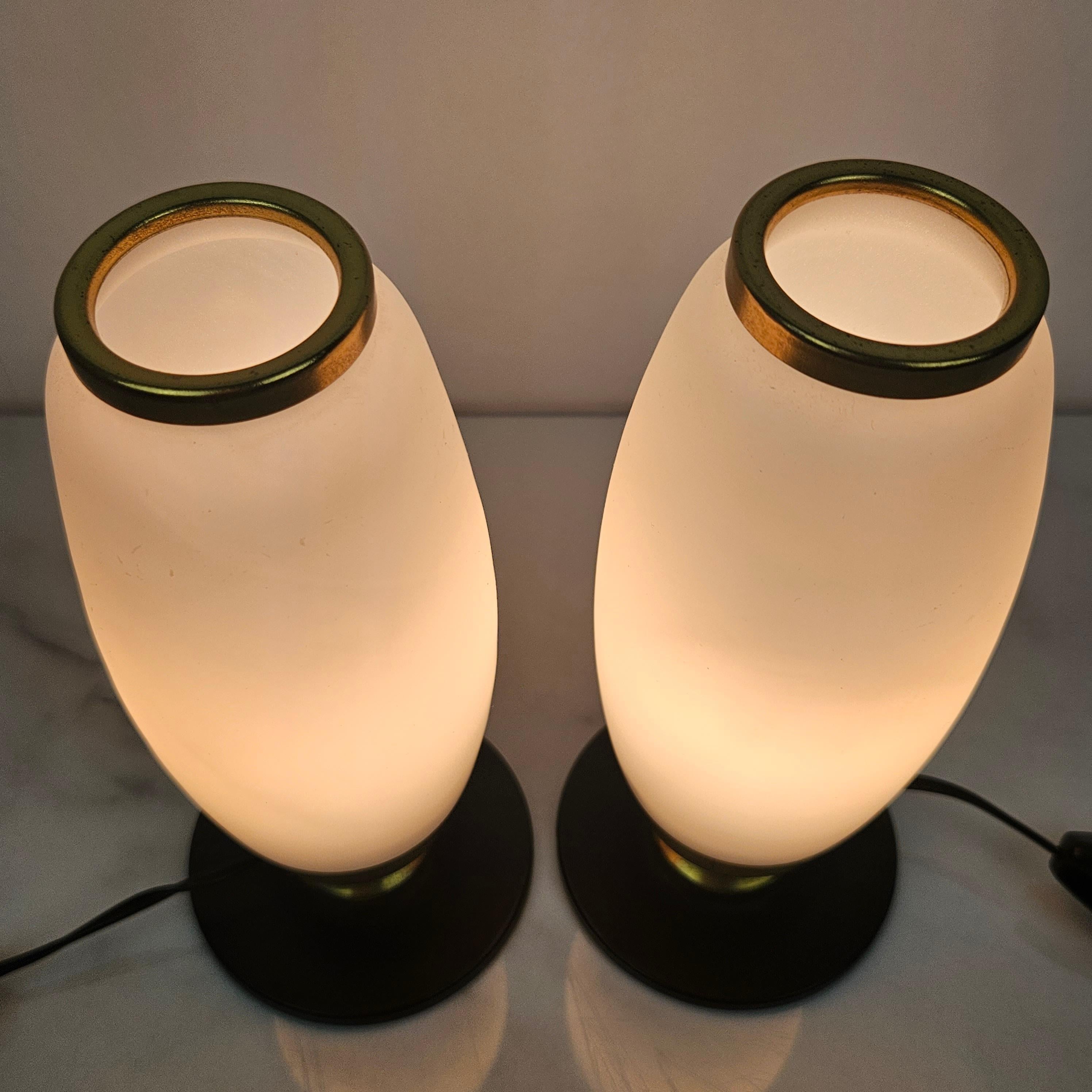Metal Italian Pair of Small Opaline Glass Table or Bedside Lights, 1950's For Sale