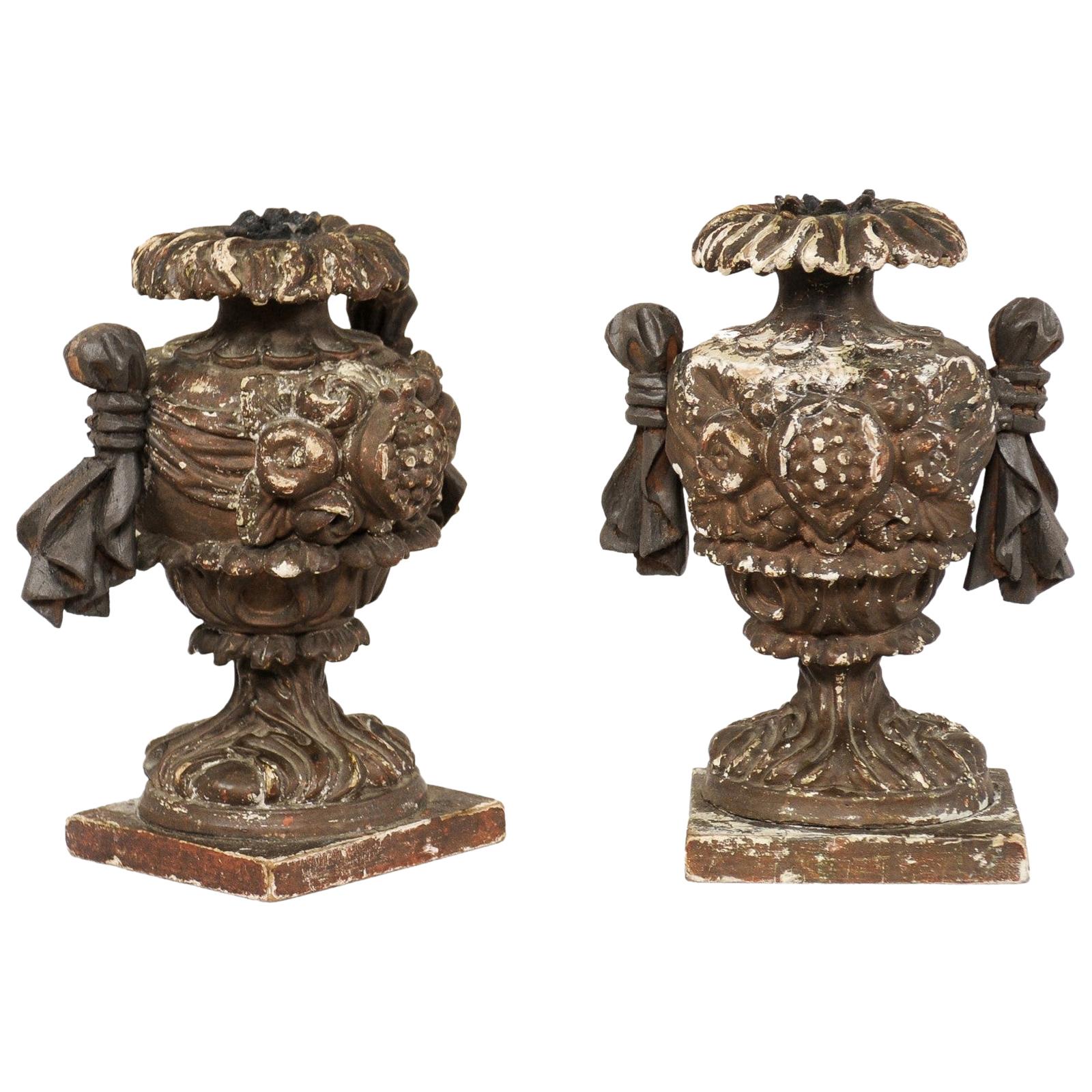 Italian Pair of Smaller-Sized Carved Wood Urn-Shaped Candleholders