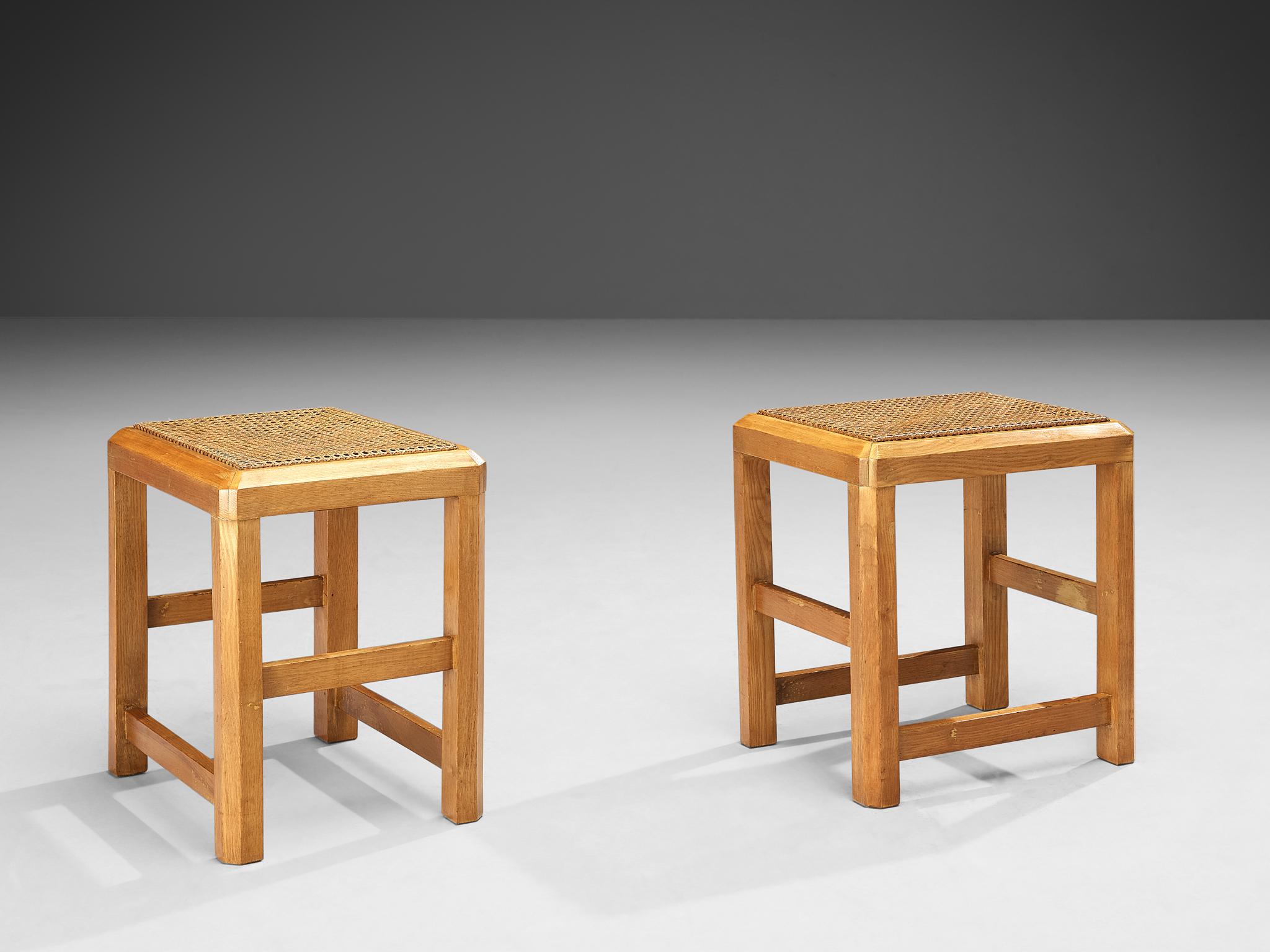 Late 20th Century Italian Pair of Stools in Cane and Wood 