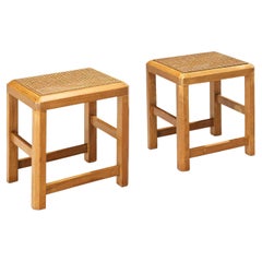 Used Italian Pair of Stools in Cane and Wood 