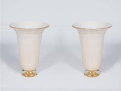Italian Table Lamps pair in Blown Murano Glass White milk and Gold color 1980s