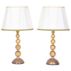 Italian Pair of Table Lamps in Murano Glass Purple color and Gold, 21st century