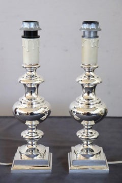 Italian Pair of Table or Bedside Lamps in Silver-Plated Metal, 1970s