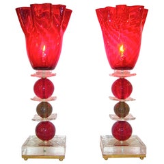 Italian Pair of Tulip Red Murano Glass Lamps, 1970s