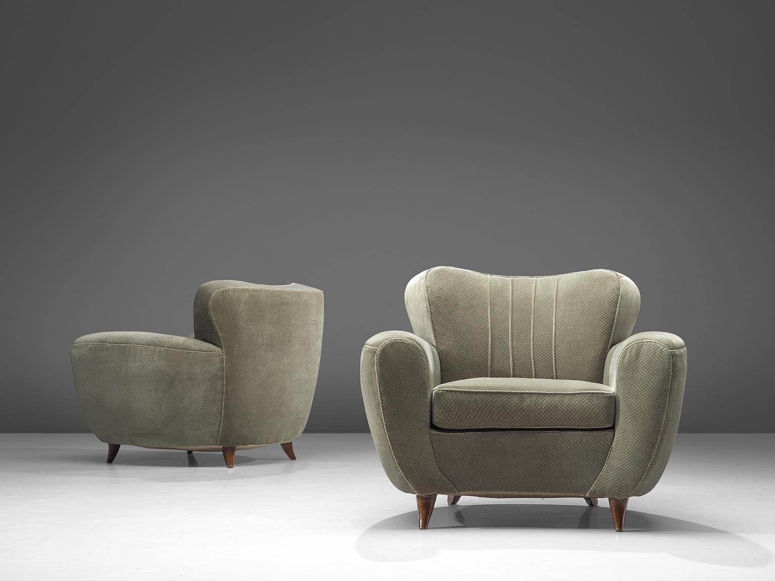 Mid-20th Century Italian Pair of Voluptuous Lounge Chairs in Green Velvet