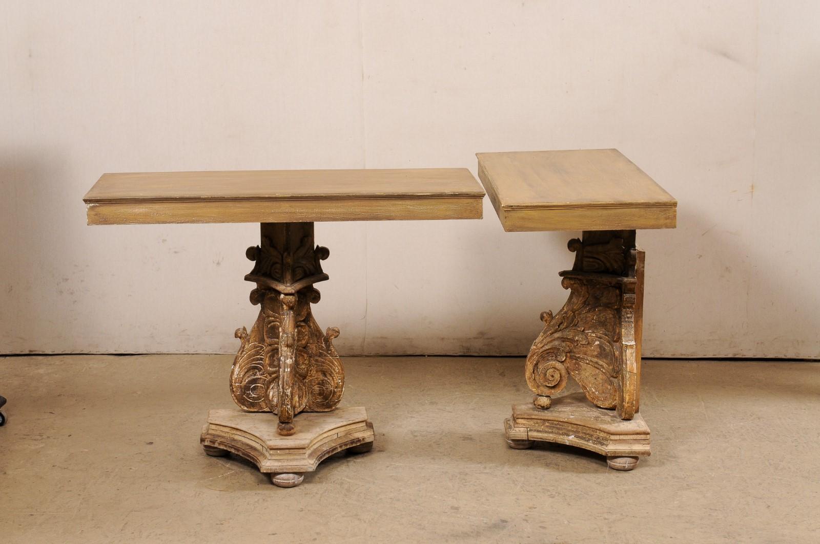 Italian Pair of Wall Consoles Raised on Carved-Wood Late 18th C. Pedestal Bases For Sale 7
