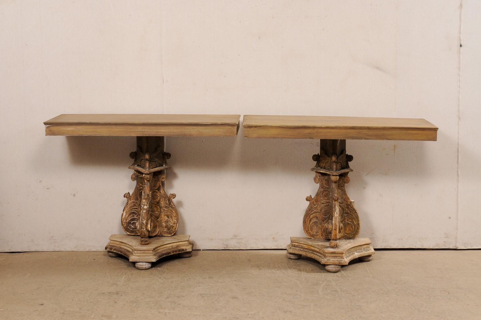 Italian Pair of Wall Consoles Raised on Carved-Wood Late 18th C. Pedestal Bases For Sale 8