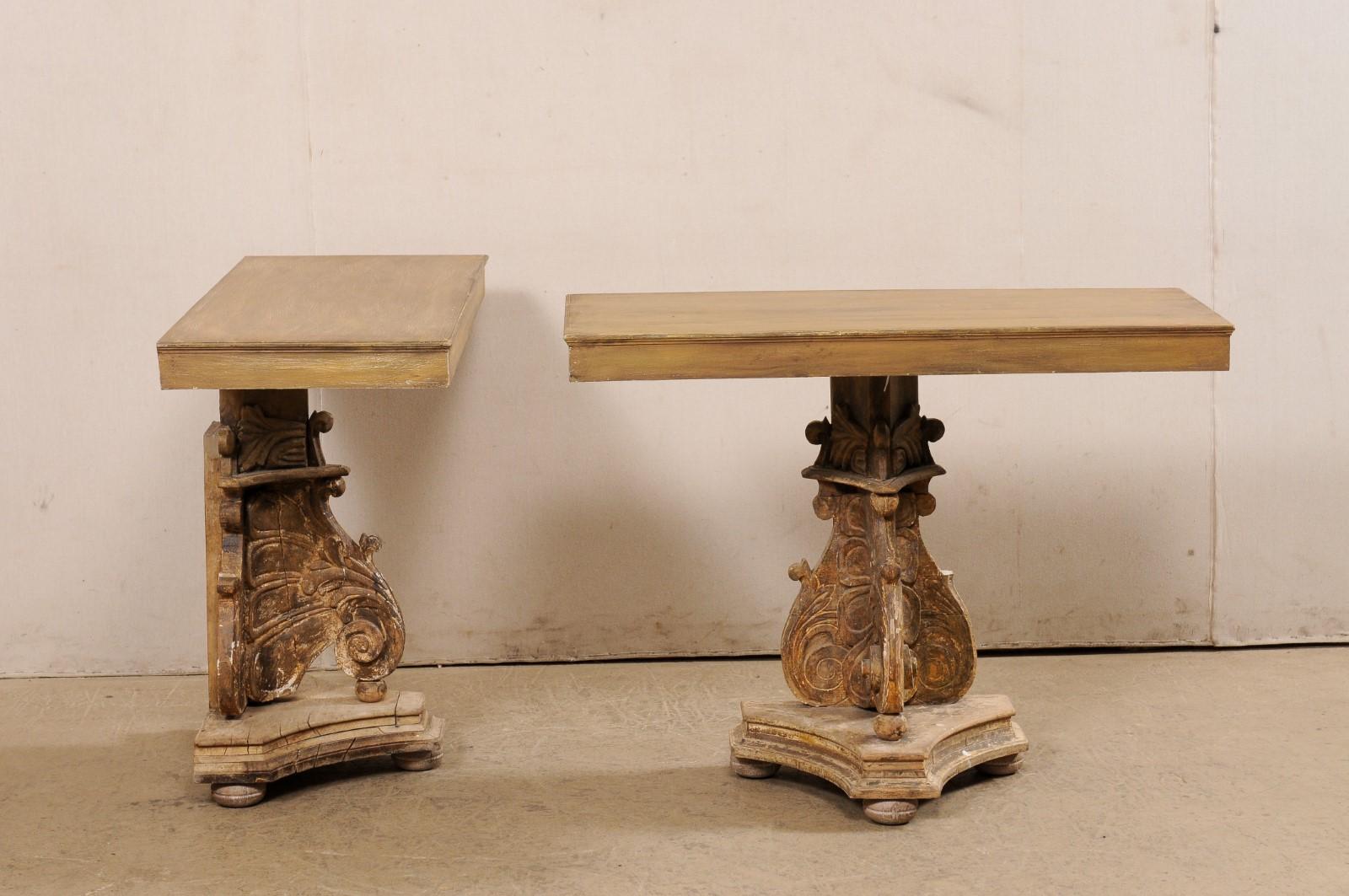 Italian Pair of Wall Consoles Raised on Carved-Wood Late 18th C. Pedestal Bases For Sale 4