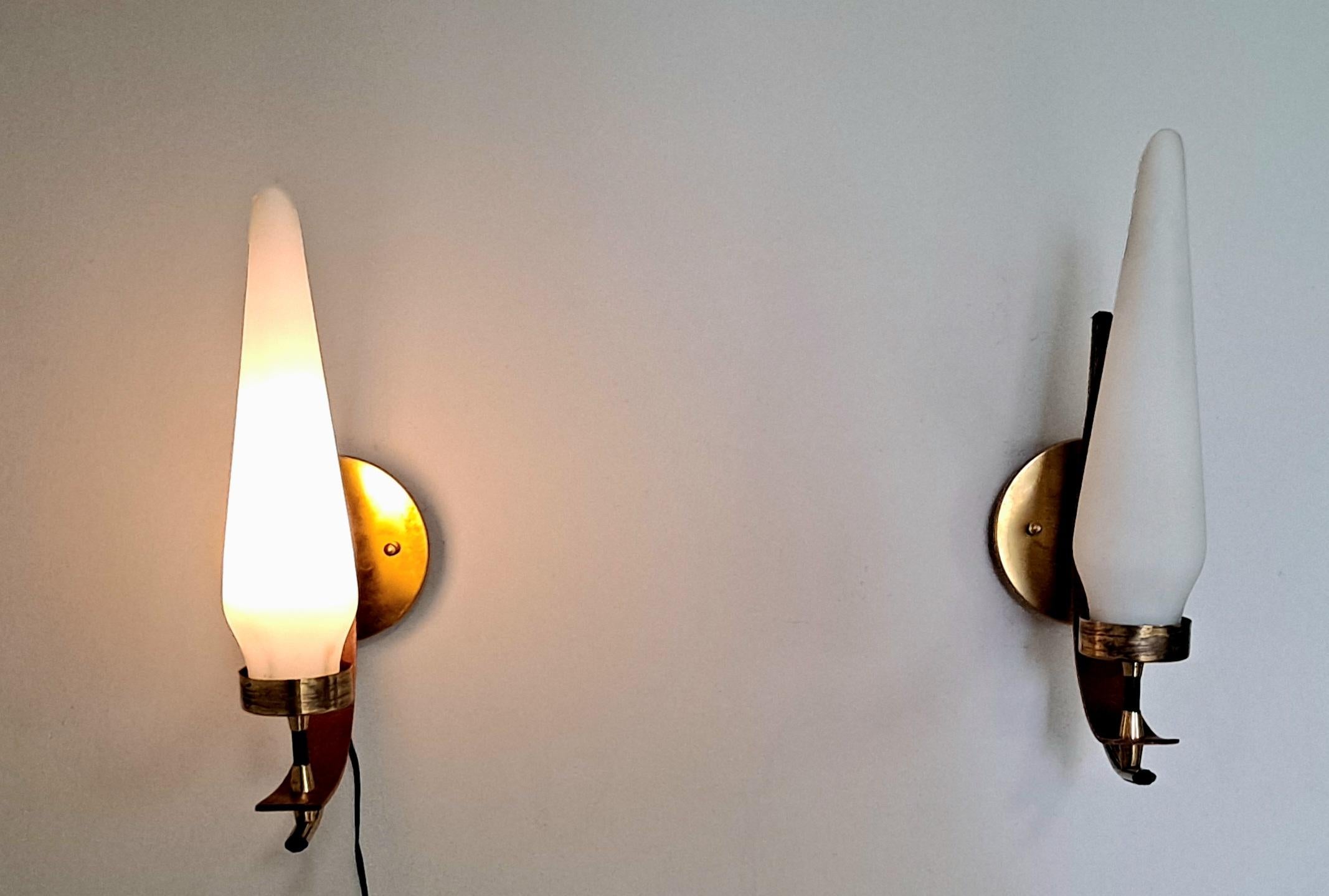 Italian pair of vintage wall sconces Murano glass 
brass and wood base .
