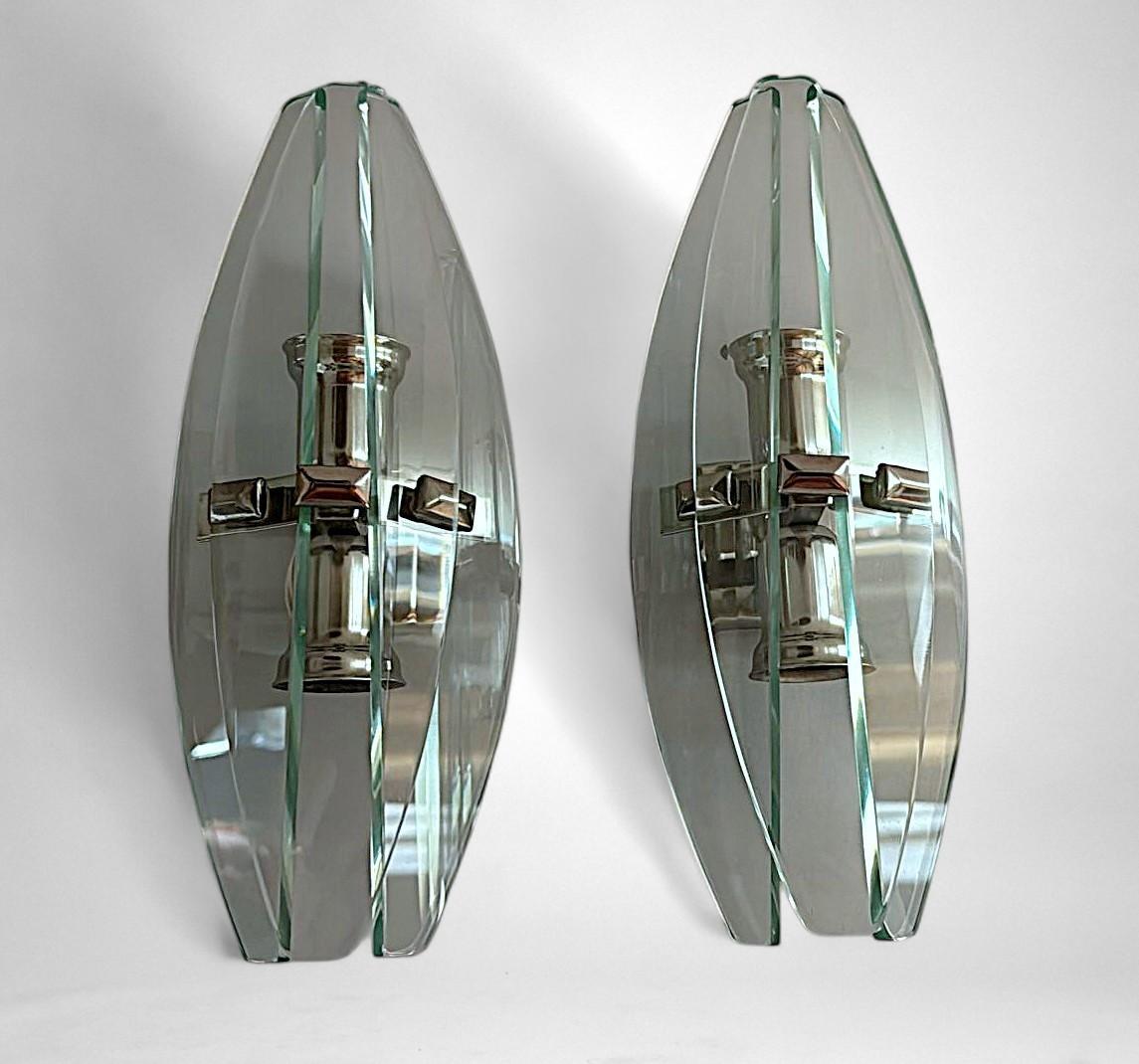 Galvanized Italian Pair Of Wall Sconces Space Age Style Metal And Tempered Crystal For Sale