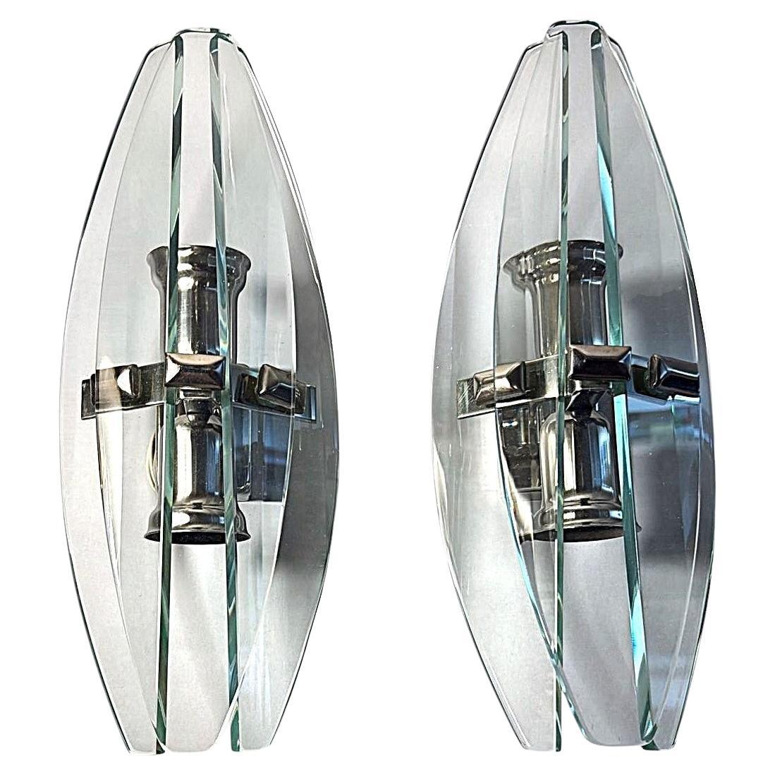 Italian Pair Of Wall Sconces Space Age Style Metal And Tempered Crystal For Sale