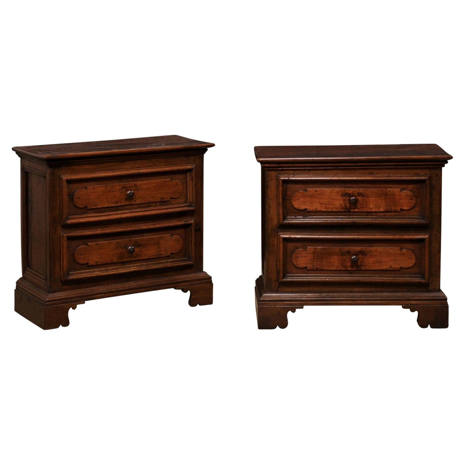 Italian Pair of Walnut Side-Chests with Decoratively Paneled Drawer Fronts For Sale