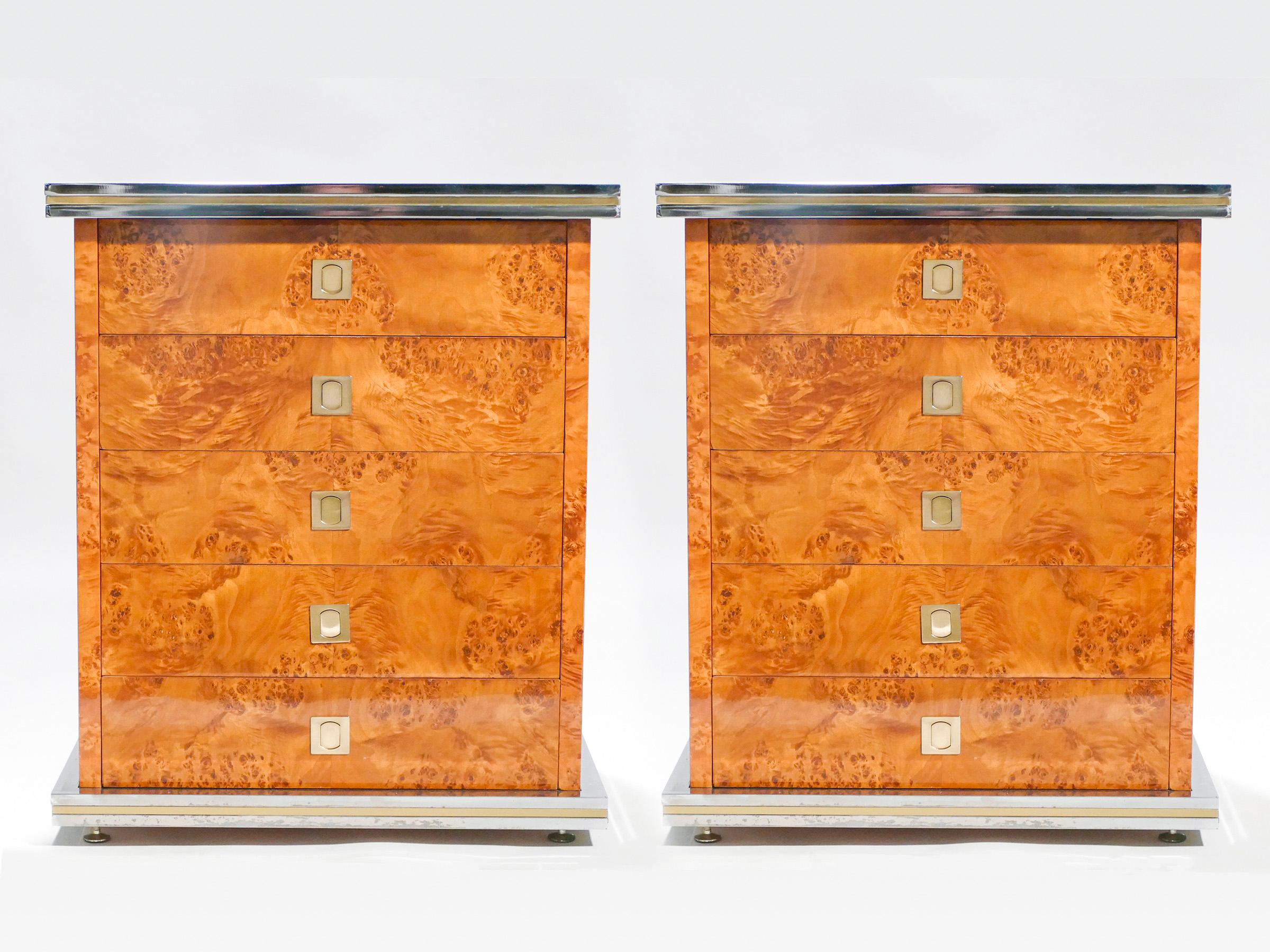 Mid-Century Modern Italian Pair of Willy Rizzo Burl Brass and Chrome Chests of Drawers, 1970s