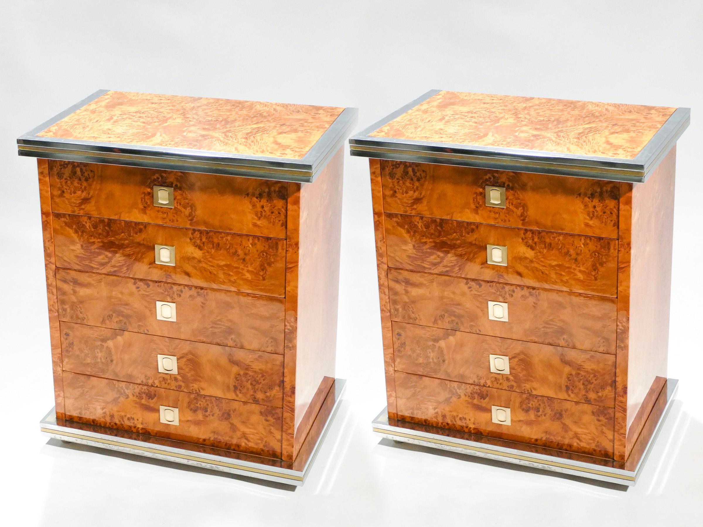 Hollywood Regency Italian Pair of Willy Rizzo Burl Brass and Chrome Chests of Drawers, 1970s