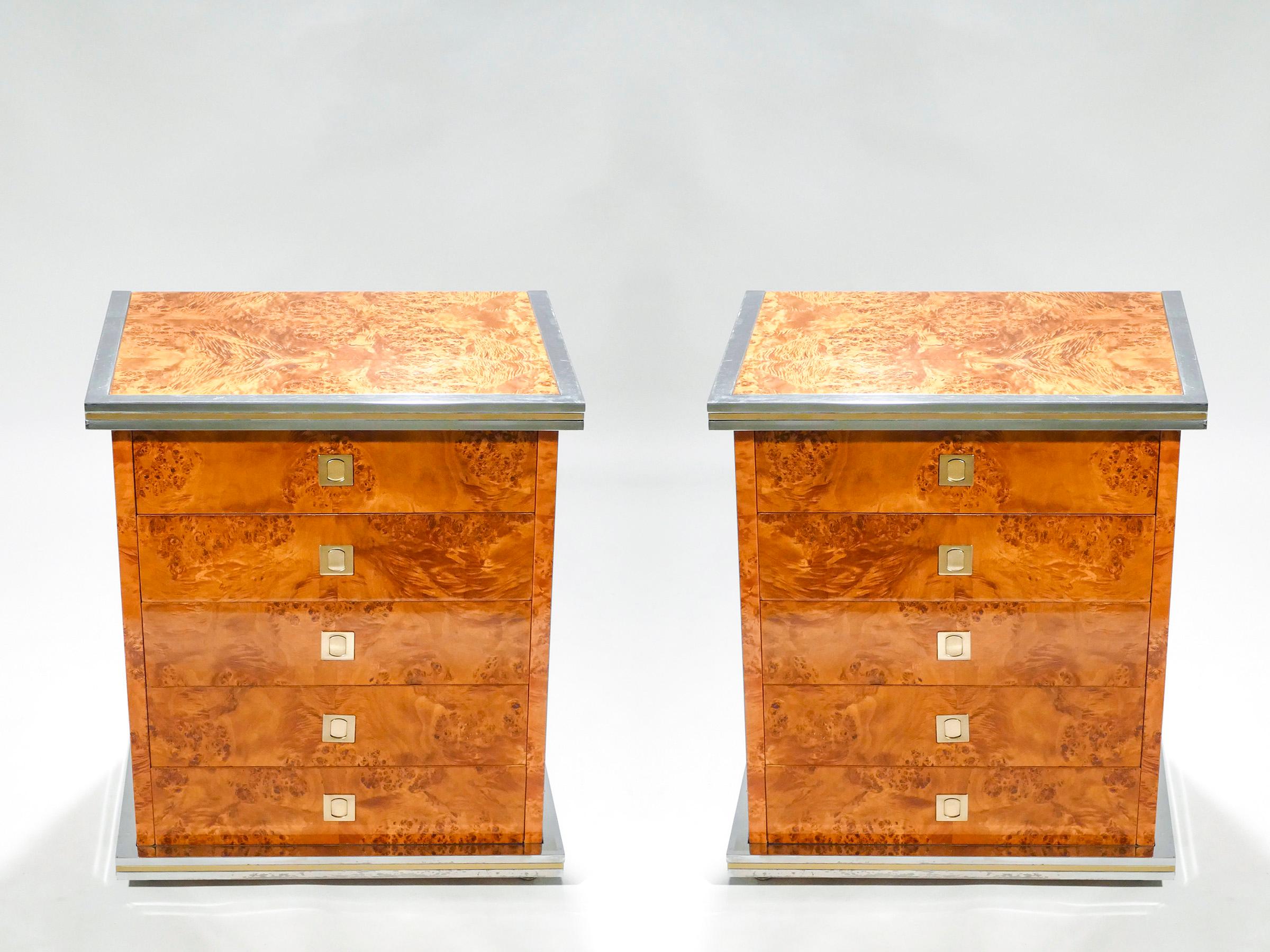 A rare and breathtaking Italian midcentury pair by Willy Rizzo from the 1970s, these chests of drawers have a bright and high-end feel, a relic of his time designing for the glamorous members of the so-called dolce VITA. Rich lacquered burl wood