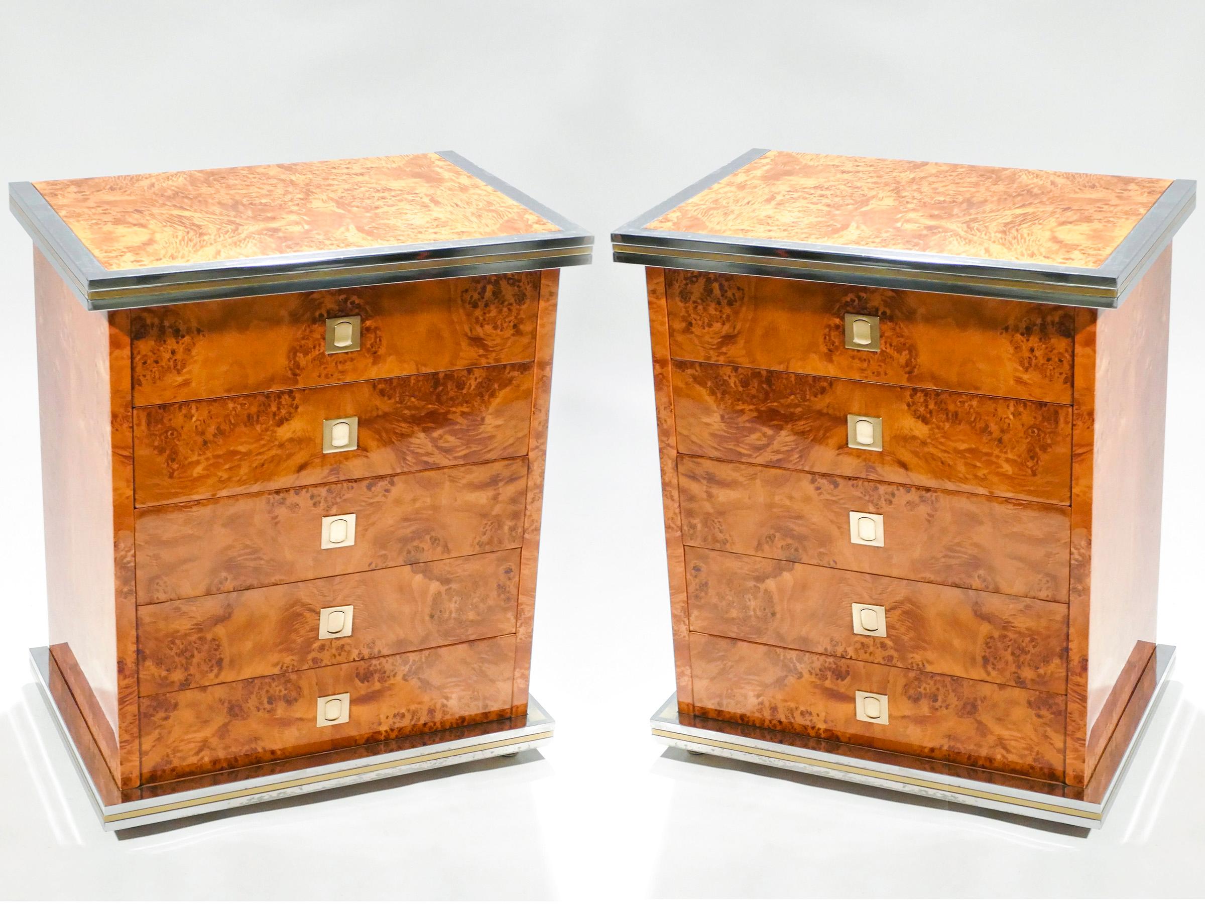 Late 20th Century Italian Pair of Willy Rizzo Burl Brass and Chrome Chests of Drawers, 1970s