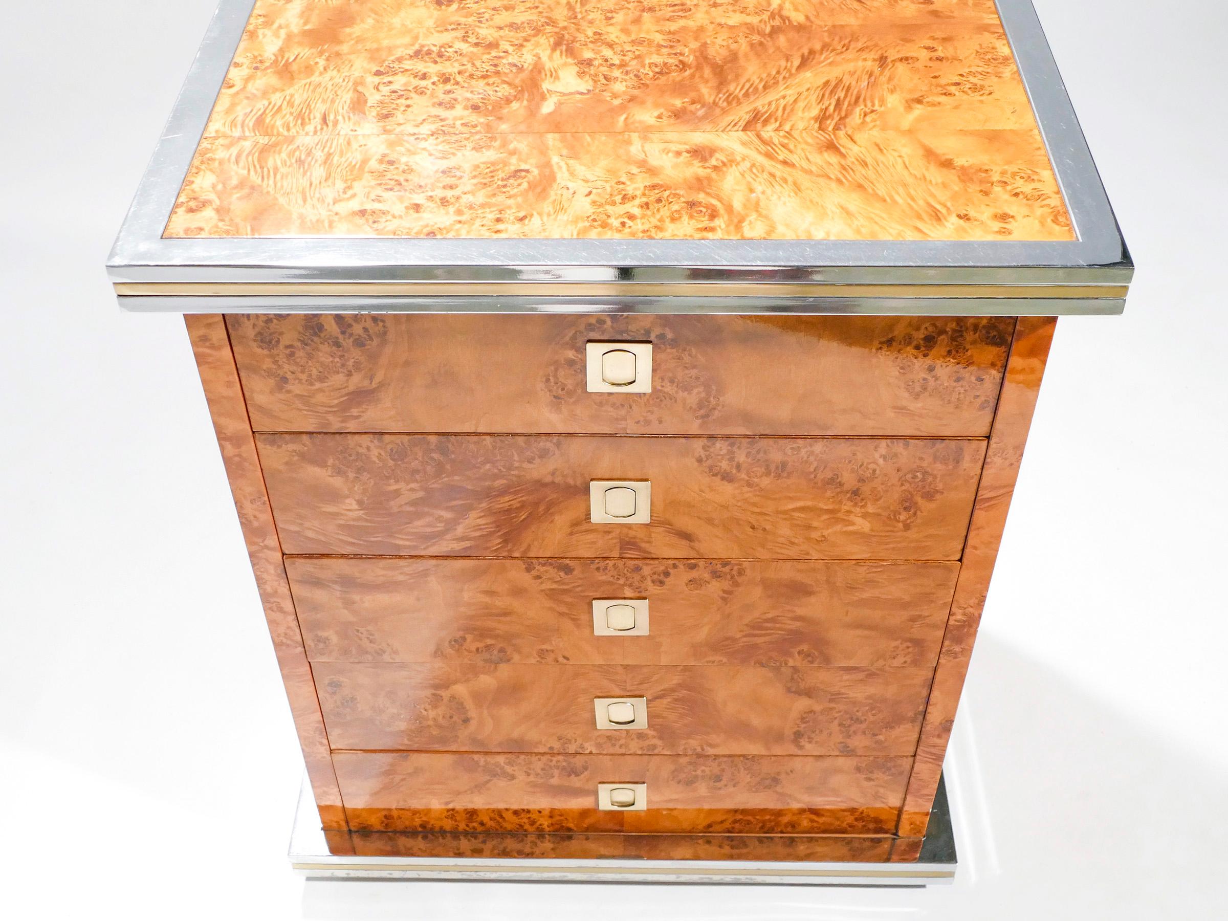 Italian Pair of Willy Rizzo Burl Brass and Chrome Chests of Drawers, 1970s 1