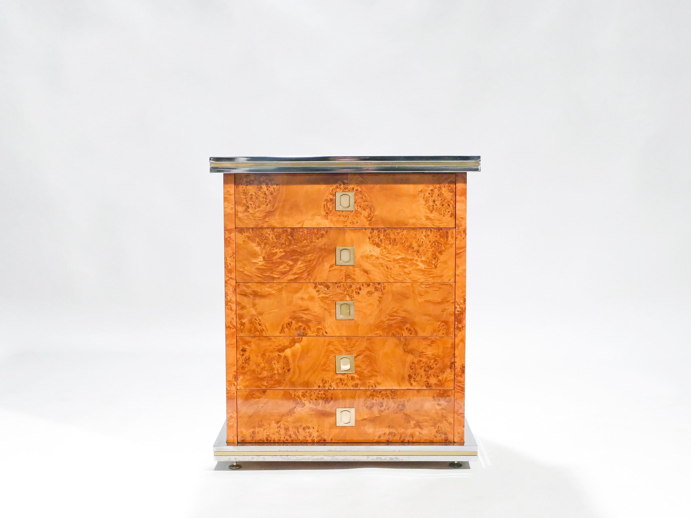 Italian Pair of Willy Rizzo Burl Brass and Chrome Chests of Drawers, 1970s 2