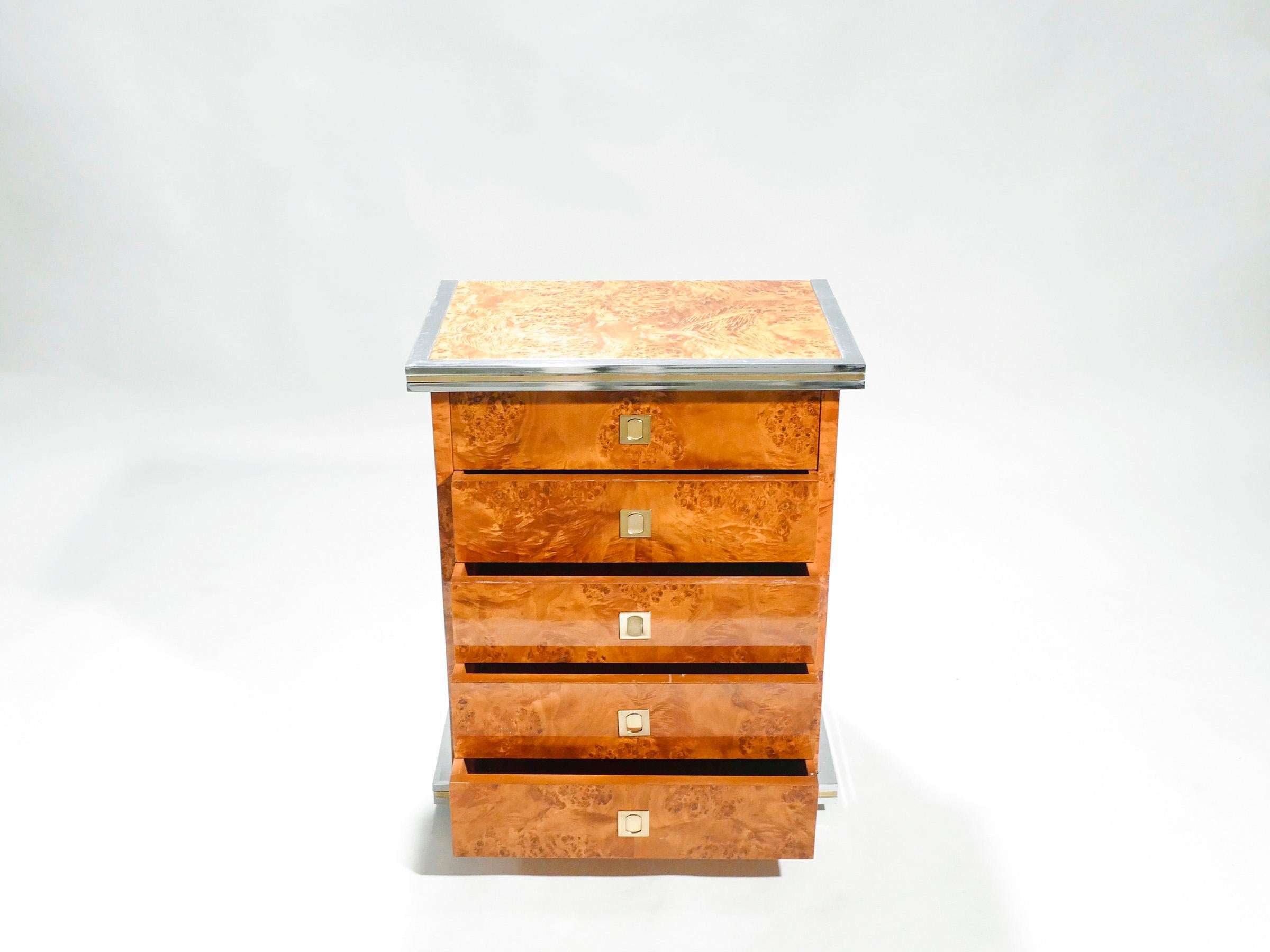 Italian Pair of Willy Rizzo Burl Brass and Chrome Chests of Drawers, 1970s 3