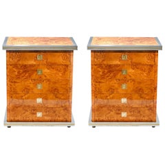 Italian Pair of Willy Rizzo Burl Brass and Chrome Chests of Drawers, 1970s