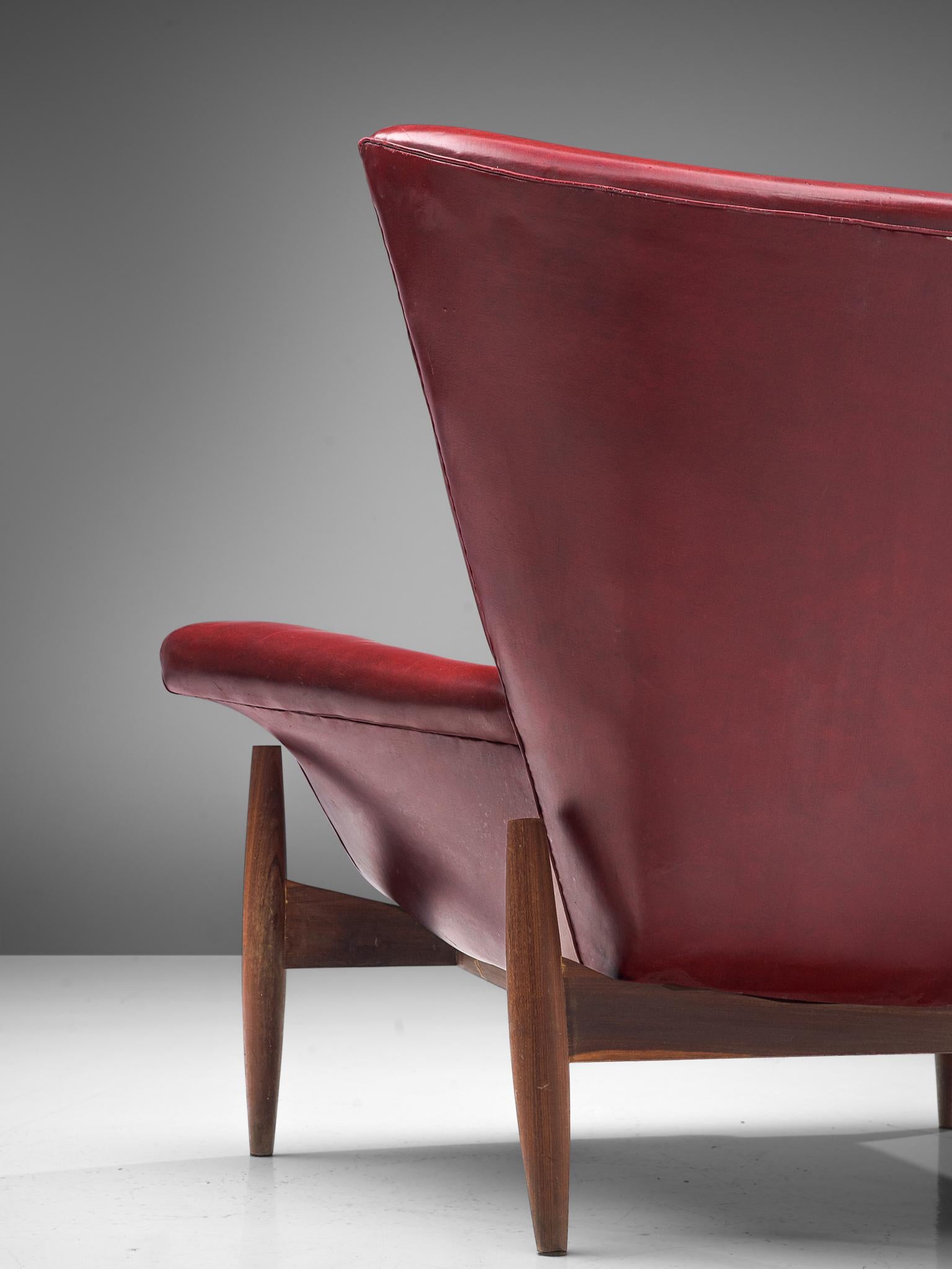 Mid-Century Modern Italian Pair of Wingback Chairs in Burgundy Leatherette