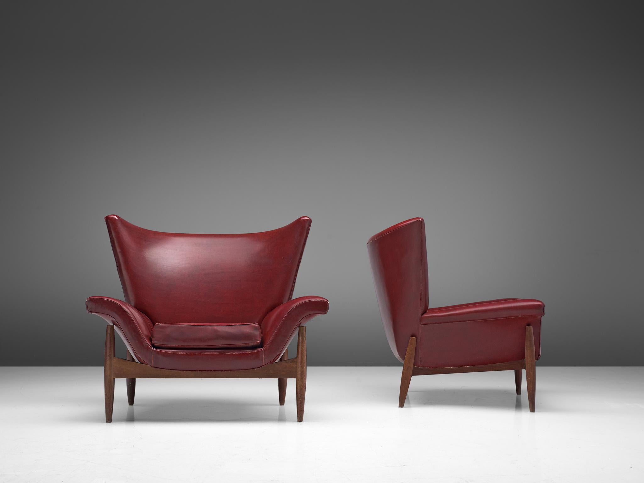 Faux Leather Italian Pair of Wingback Chairs in Burgundy Leatherette
