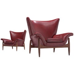Italian Pair of Wingback Chairs in Burgundy Leatherette