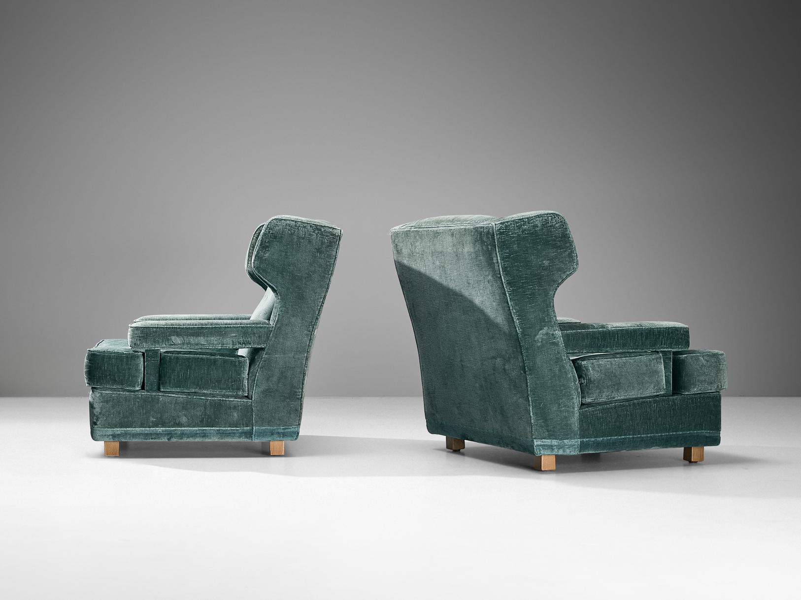 Velvet Italian Pair of Wingback Chairs in Mint Green Velour  For Sale