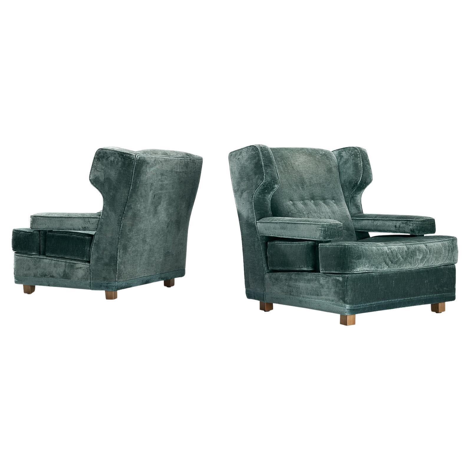 Italian Pair of Wingback Chairs in Mint Green Velour  For Sale