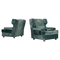 Italian Pair of Wingback Chairs in Mint Green Velour 