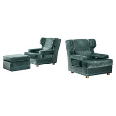 Italian Pair of Wingback Chairs with Ottoman in Mint Green Velour