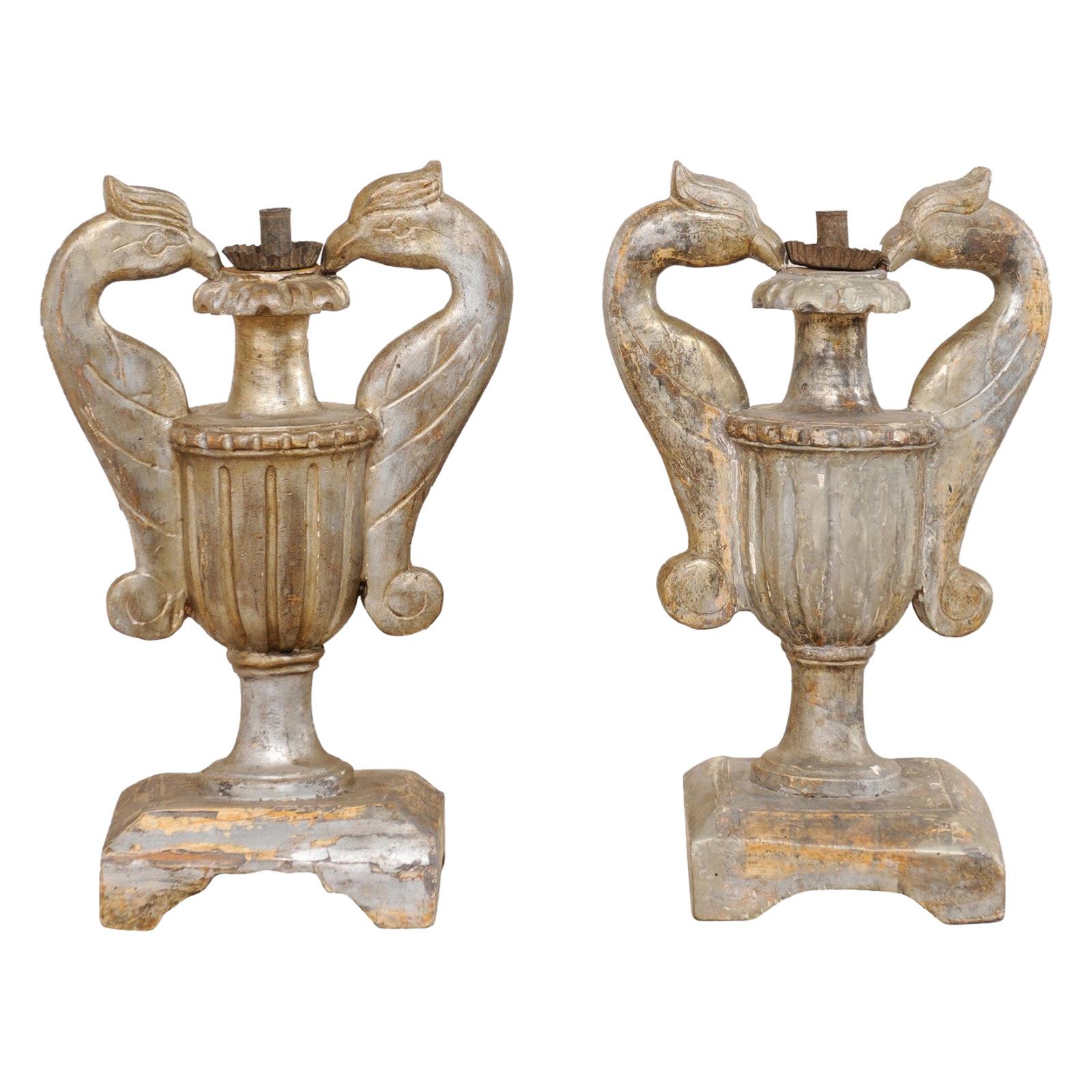 Italian Pair of Wood Candle Lamp Urns with Carved Bird Handles, 19th Century