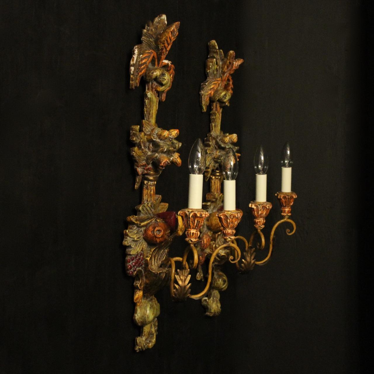 Italian Pair of Wooden Polychrome Twin Arm Wall Lights For Sale 5