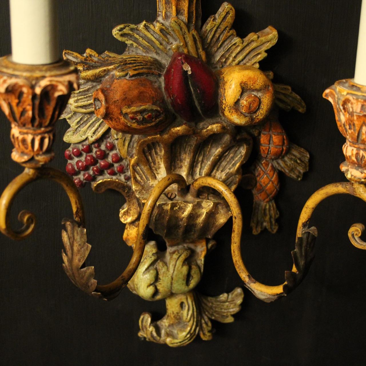 20th Century Italian Pair of Wooden Polychrome Twin Arm Wall Lights For Sale