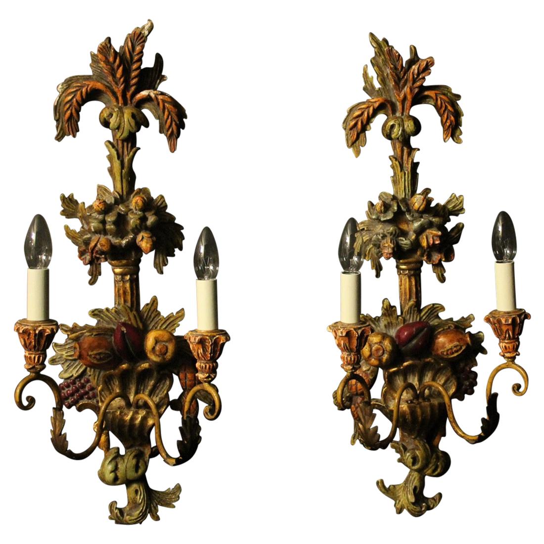 Italian Pair of Wooden Polychrome Twin Arm Wall Lights For Sale