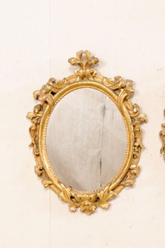 Italian Pair Oval Nicely Carved & Gilt Wood Mirrors, Mid-19th Century