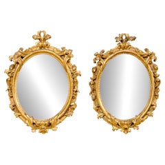 Italian Pair Oval Nicely Carved & Gilt Wood Mirrors, Mid-19th Century
