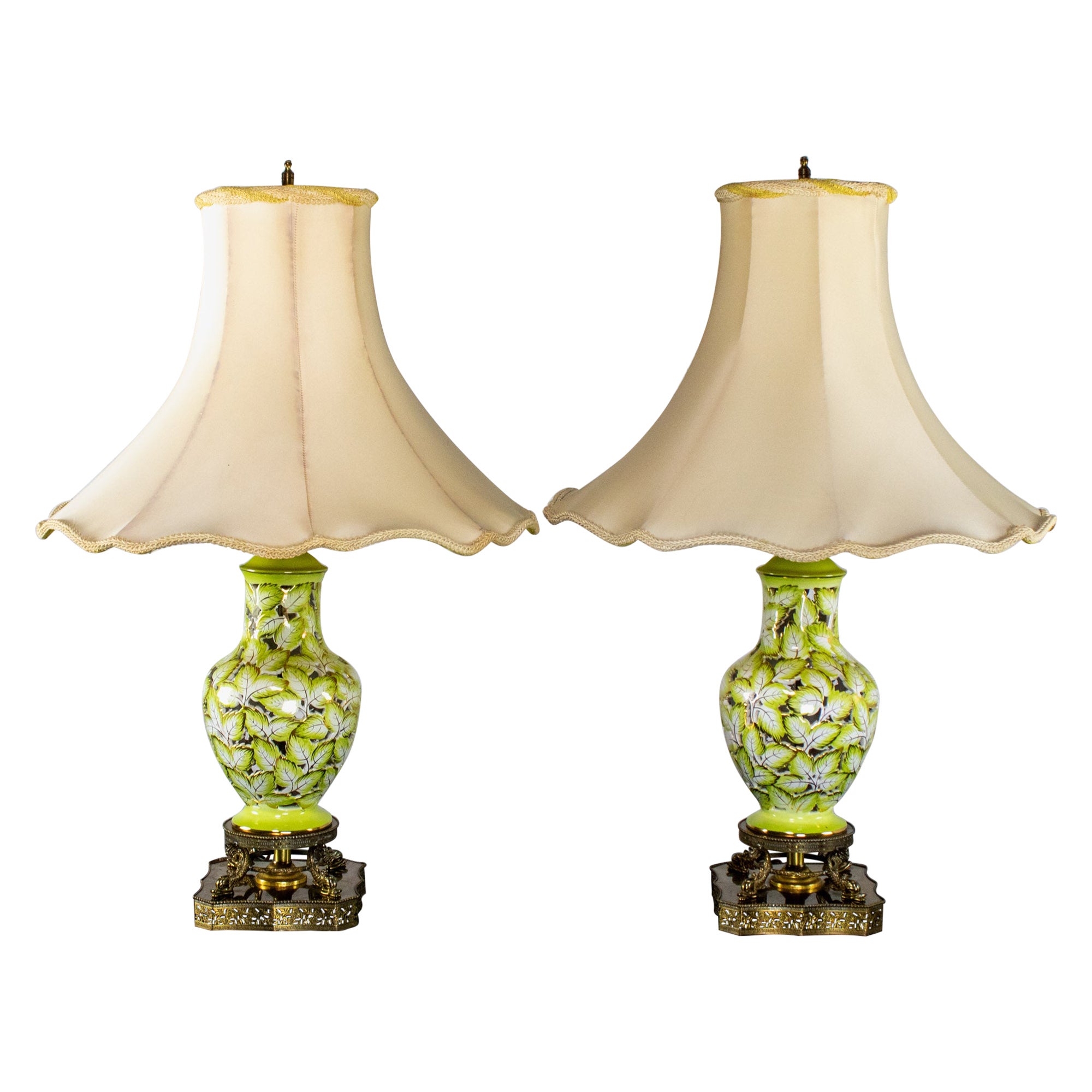 Italian Pair Pierced Majolica Lamps Urn Shaped w/Filigree Bases by Cantagalli For Sale