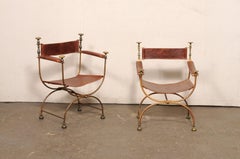 Italian Pair Savonarola Chairs w/Brown Leather and Brass Accents