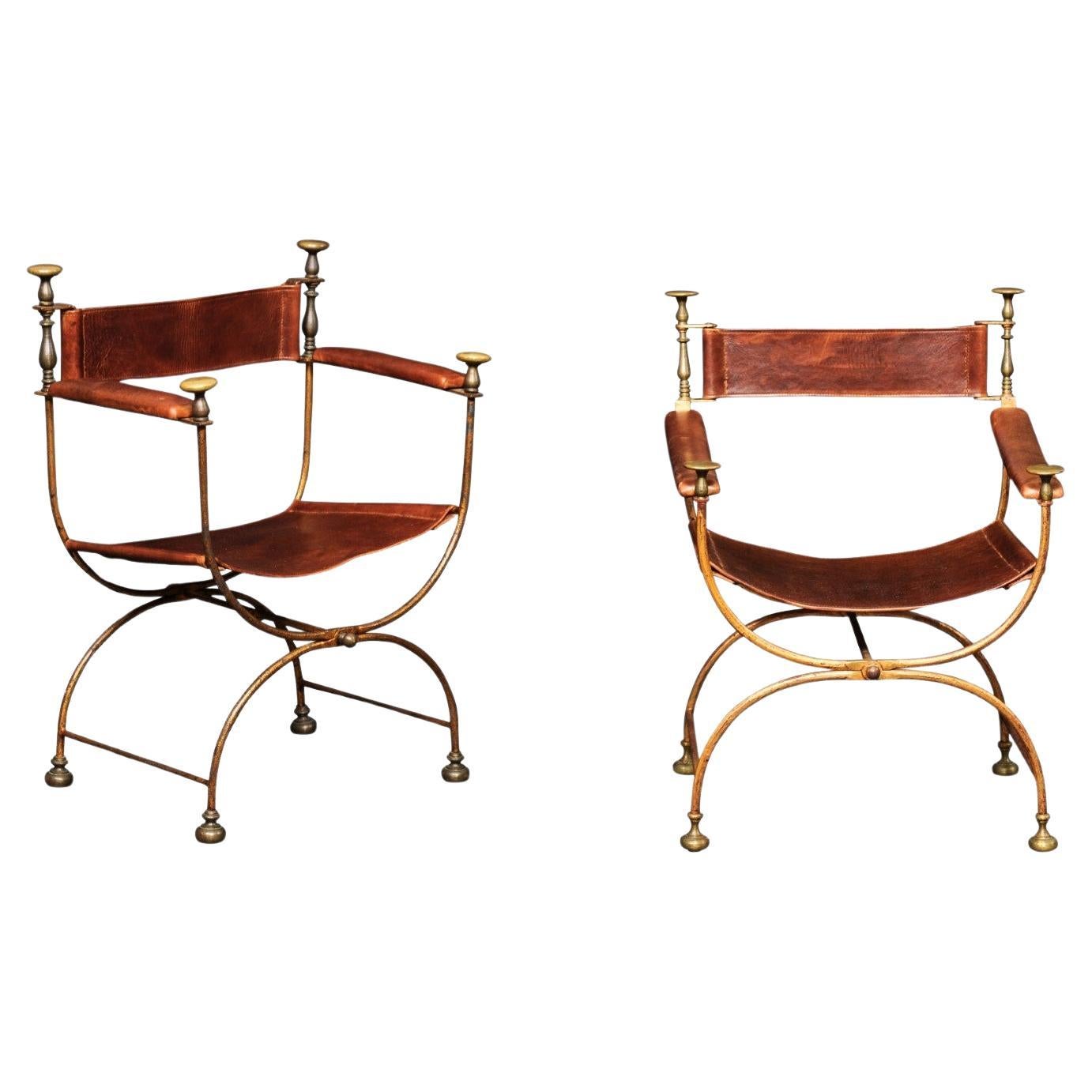 Italian Pair Savonarola Chairs w/Brown Leather and Brass Accents For Sale