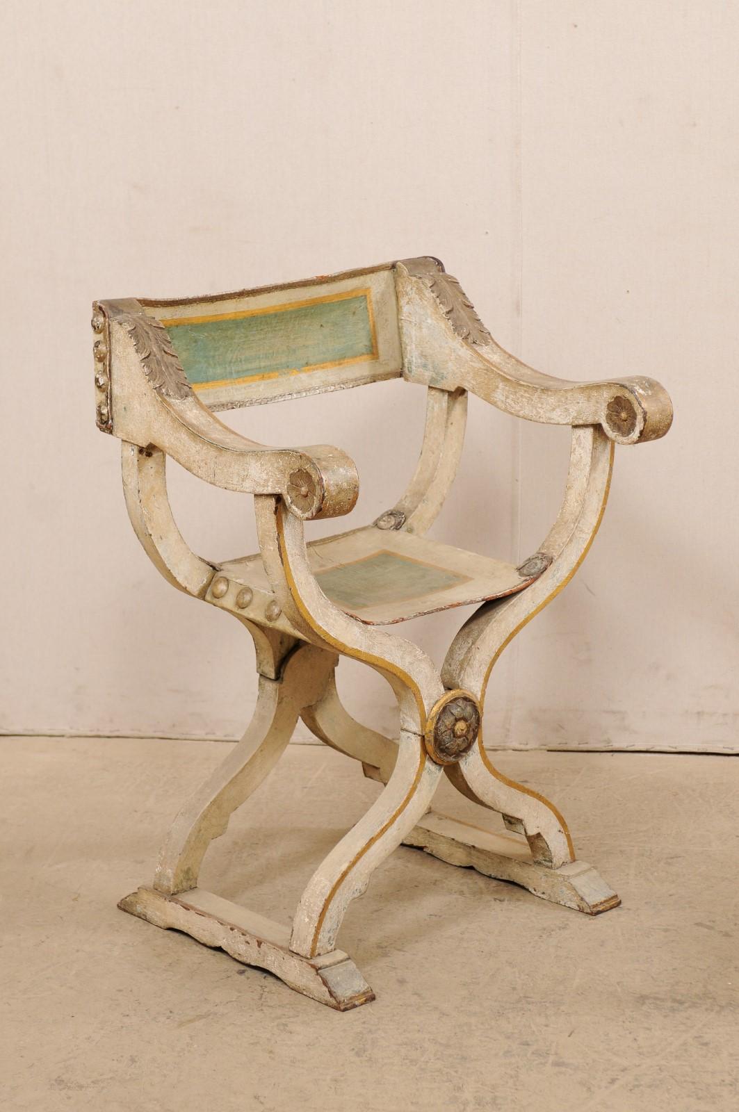Italian Pair Savonarola Painted Leather & Wood Chairs, Mid-19th Century  In Good Condition In Atlanta, GA