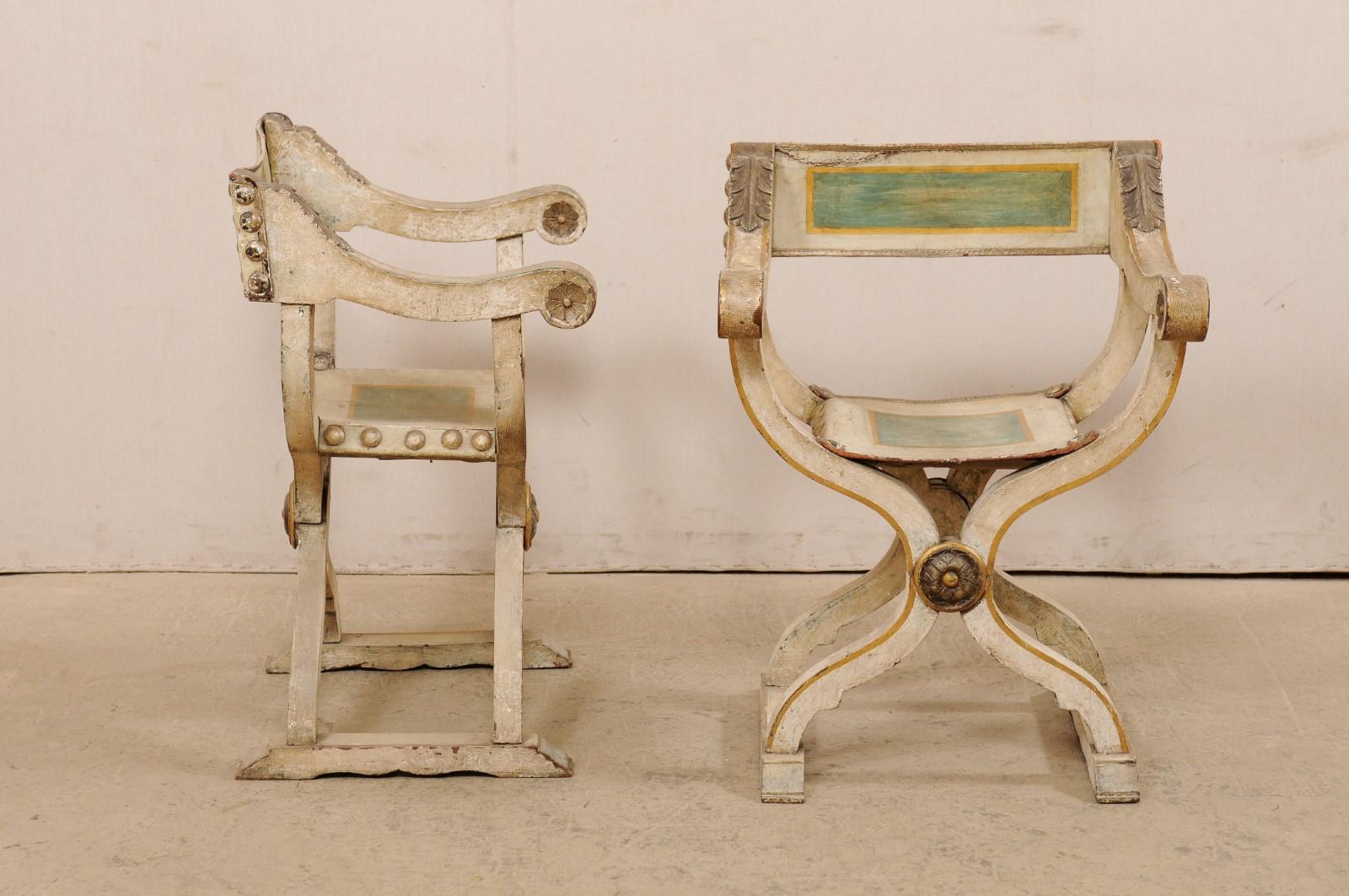 Italian Pair Savonarola Painted Leather & Wood Chairs, Mid-19th Century  2