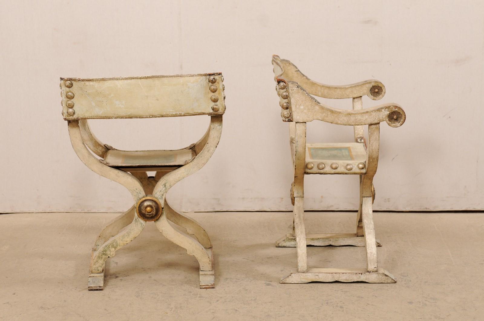 Italian Pair Savonarola Painted Leather & Wood Chairs, Mid-19th Century  5
