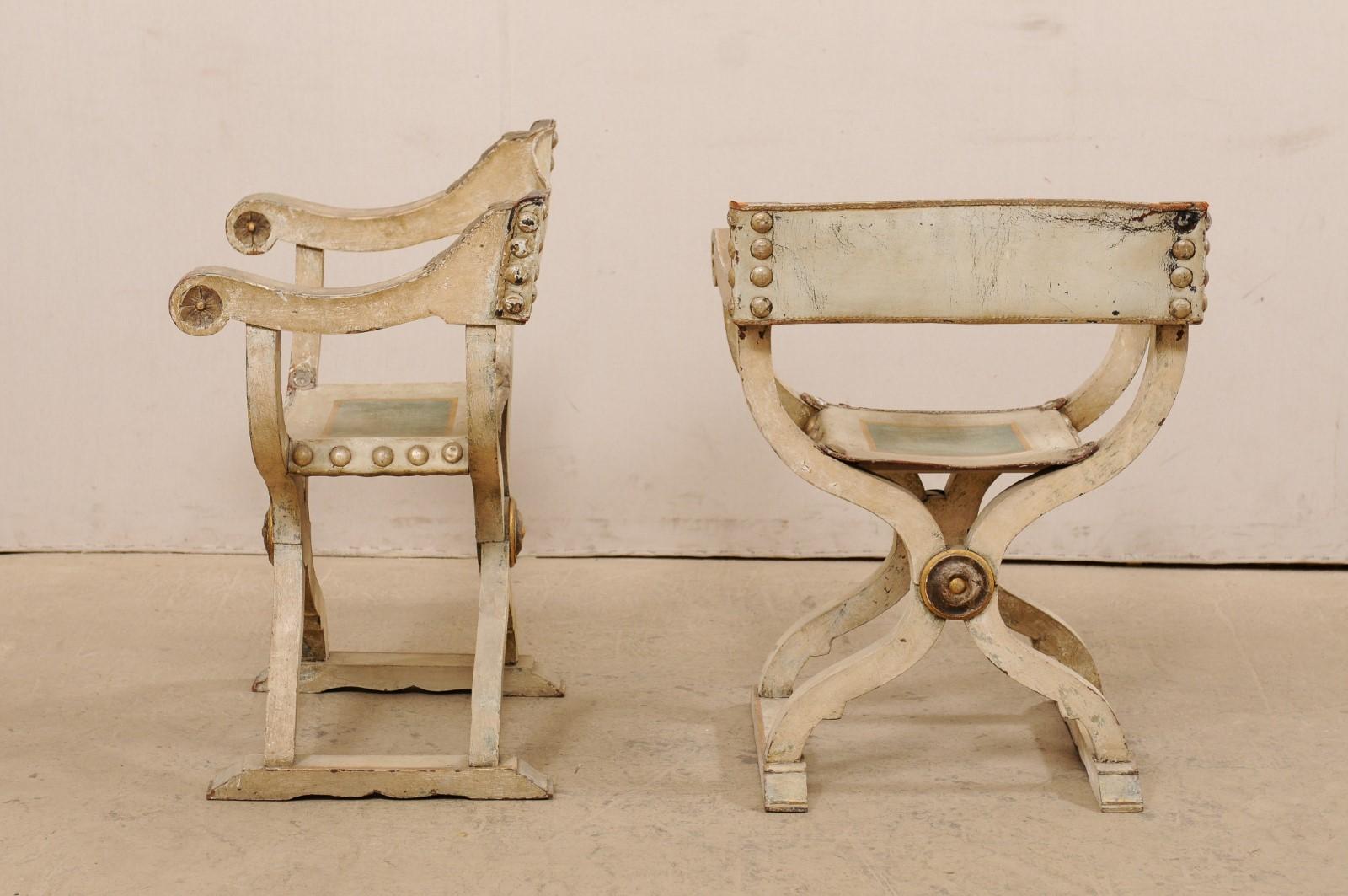Italian Pair Savonarola Painted Leather & Wood Chairs, Mid-19th Century  6