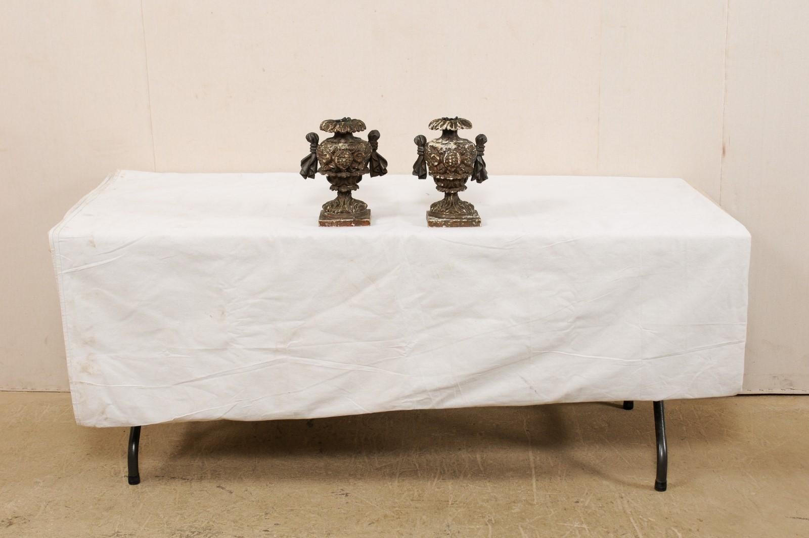 Italian Pair of Smaller-Sized Carved Wood Urn-Shaped Candleholders For Sale 6