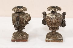 Italian Pair of Smaller-Sized Carved Wood Urn-Shaped Candleholders
