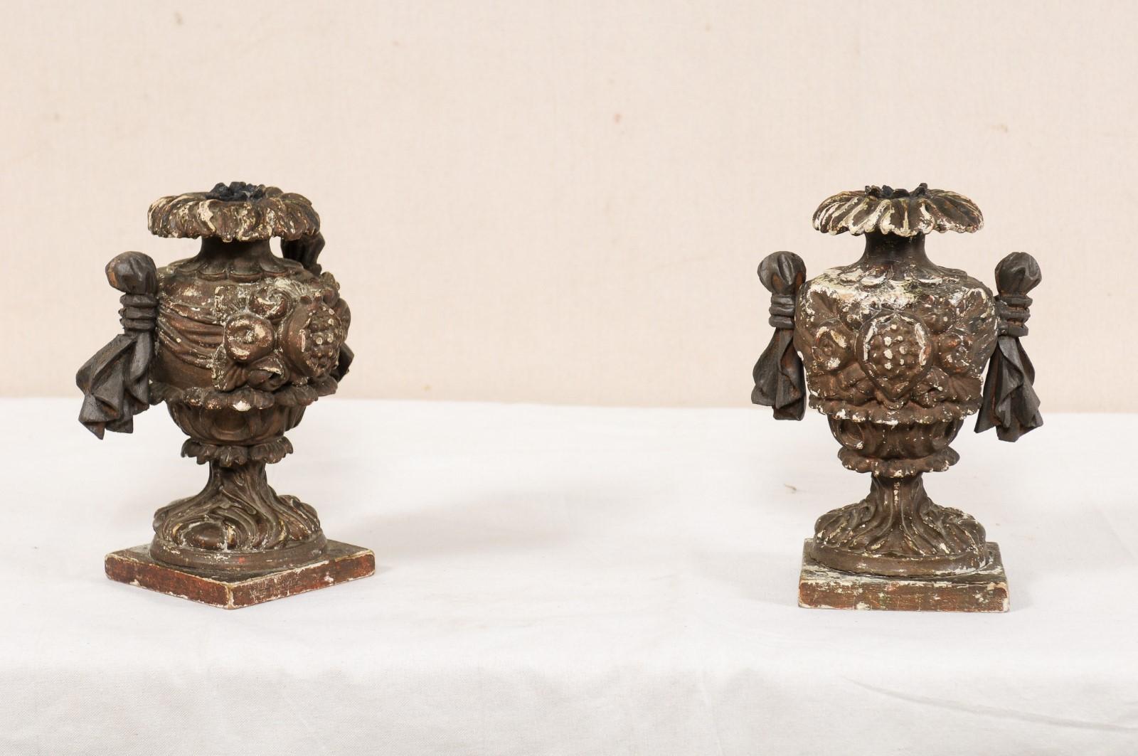 Italian Pair of Smaller-Sized Carved Wood Urn-Shaped Candleholders For Sale 1