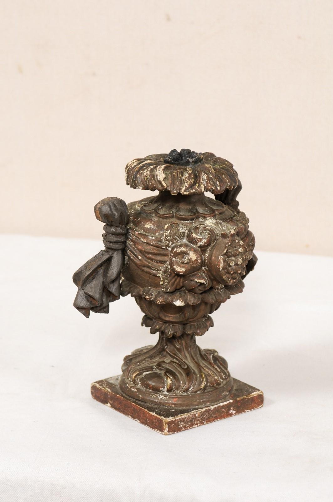 Italian Pair of Smaller-Sized Carved Wood Urn-Shaped Candleholders For Sale 2